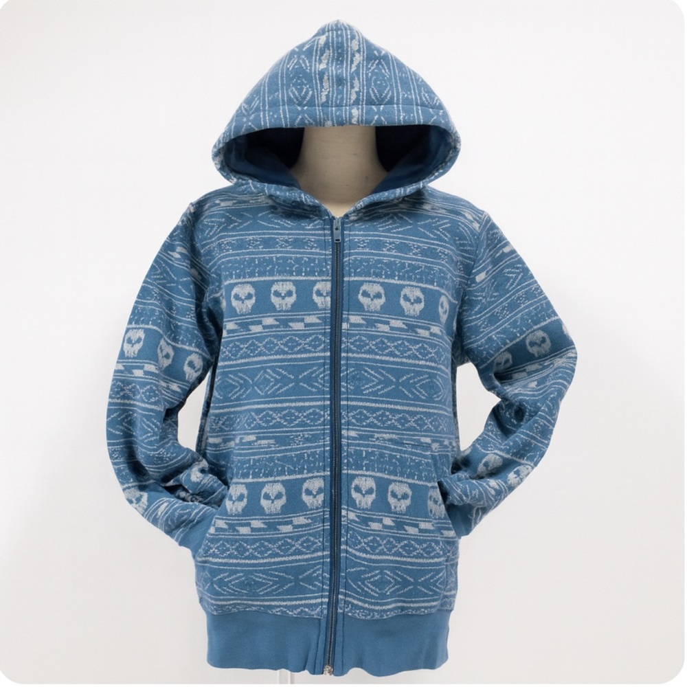 Old Navy Blue and White Skull Pattern Zip-Up Sweater